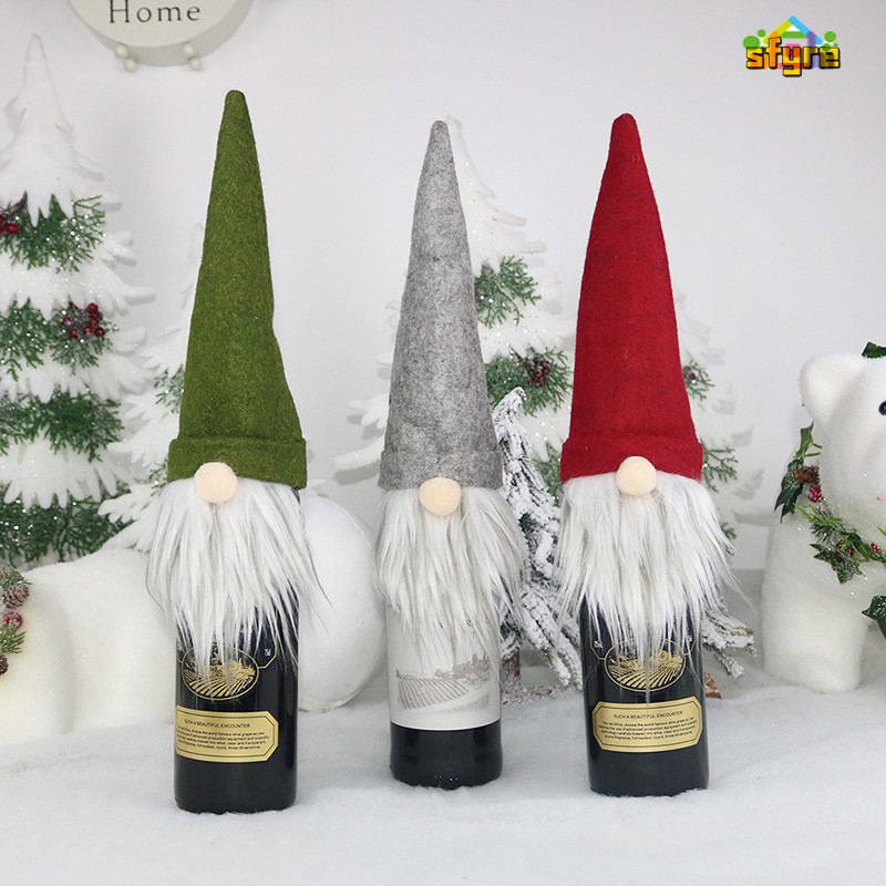 Set 1 / 5 Vỏ Bọc Chai Rượu Hình Ông Già Noel / Bộ Râu Và Nón Trang Trí Giáng Sinh