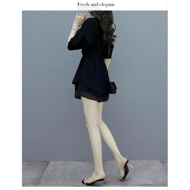 Hàng nhập - Set bộ nữ áo kiểu kèm quần short, bộ đùi lụa cổ sơ mi kiểu Nel