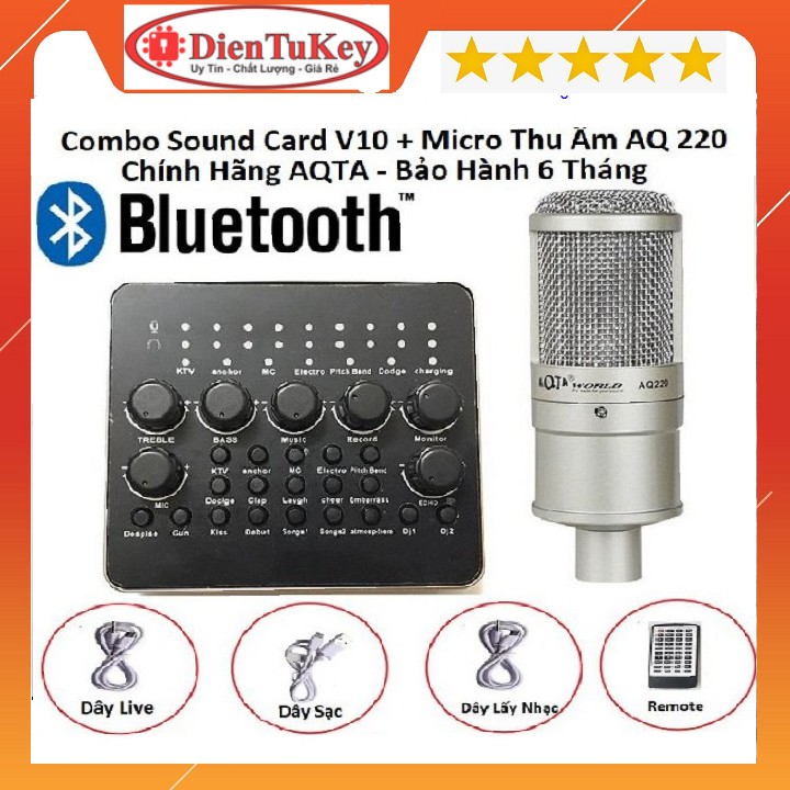 Combo Sound Card V10 Bluetooth + Micro Thu Âm AQ 220 Chính Hãng AQTA Bộ Hay Nhất Hiện Nay Bảo Hành 6 Tháng