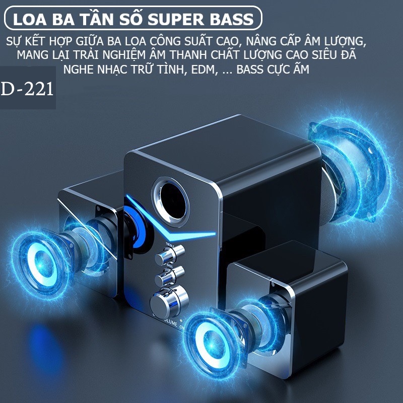 Loa máy tính để bàn D221 super bass cực đãLoa Bluetooth có đèn led phù hợp cho máy tính, PC, điện thoại - BH 12 Tháng