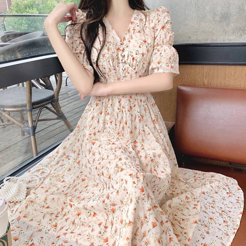 Đầm Chiffon Dài Qua Gối In Họa Tiết Hoa Phong Cách Pháp Cổ Điển Thời Trang Mùa Hè Năm 2021