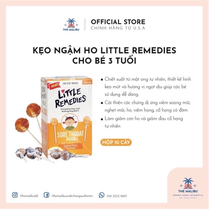 Kẹo mút ngậm ho cho bé Little Remedies 10 chiếc