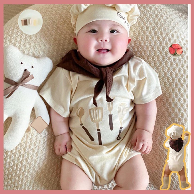 Bộ Áo Liền Quần Tay Ngắn In Họa Tiết Dễ Thương Kèm Khăn Choàng Và Mũ Đầu Bếp Thời Trang Mùa Hè Cho Bé Sơ Sinh