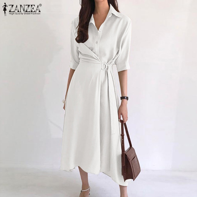 Đầm ZANZEA cổ bẻ ngắn tay thắt dây màu trơn phong cách Hàn Quốc thanh lịch cho nữ
