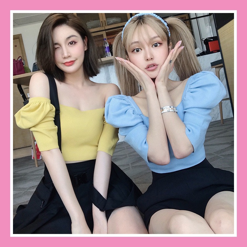 Áo len croptop cổ vuông trễ vai tay bồng chất thun tăm siêu mát hàng Quảng Châu loại 1 AL07