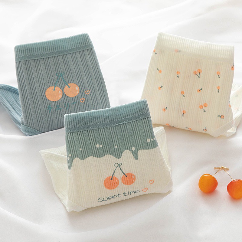 Quần Lót Nữ Cotton gân tăm họa tiết cherry tông xanh trắng đáng yêu mã 1798 | BigBuy360 - bigbuy360.vn
