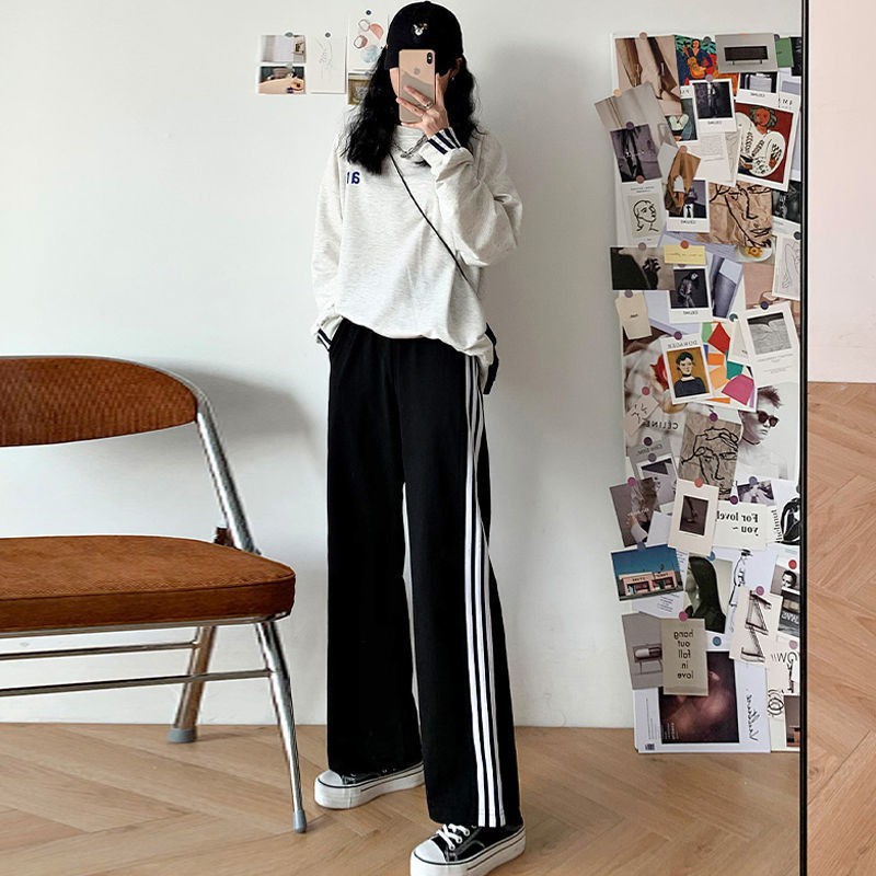 Quần thể thao nữ vải  đen 3 sọc trắng quần jogger Thời Trang Co Dãn 4 Chiều Đai chun Quần ống suông mặc đi học học sin