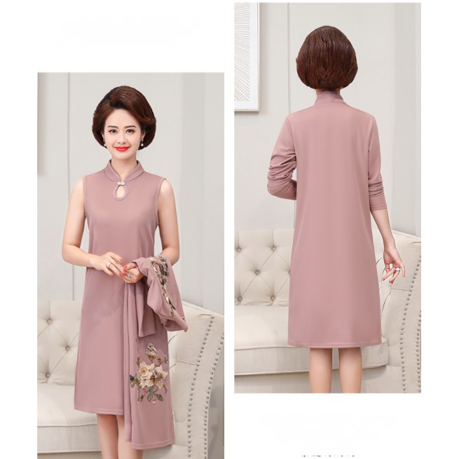Váy trung niên nữ sang trọng thu đông V66 cổ tàu &amp; áo choàng 3 màu - Đầm dự tiệc thời trang cho mẹ trung tuổi cao cấp