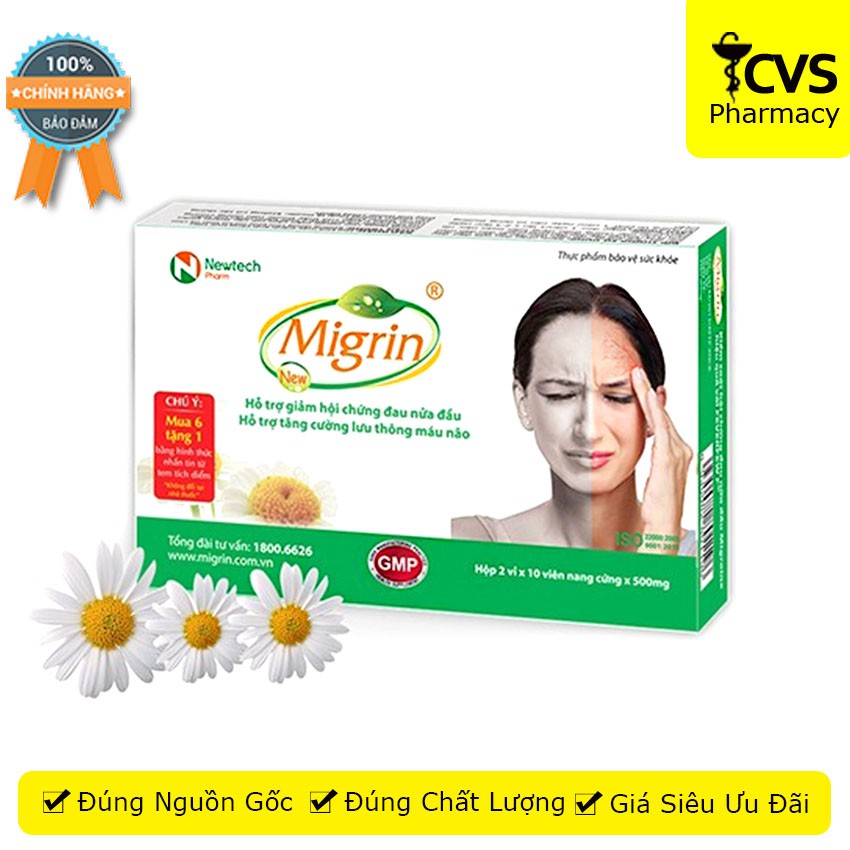 Viên uống Migrin New (20 viên) chiết xuất từ thảo dược thiên nhiên hỗ trợ giảm đau nữa đầu, thiếu má