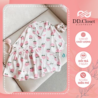 Bộ đồ ngủ pijama nữ cộc tay quần đùi chất lụa Kate Thái mềm mịn màu trắng họa tiết quả đào - Mã 22