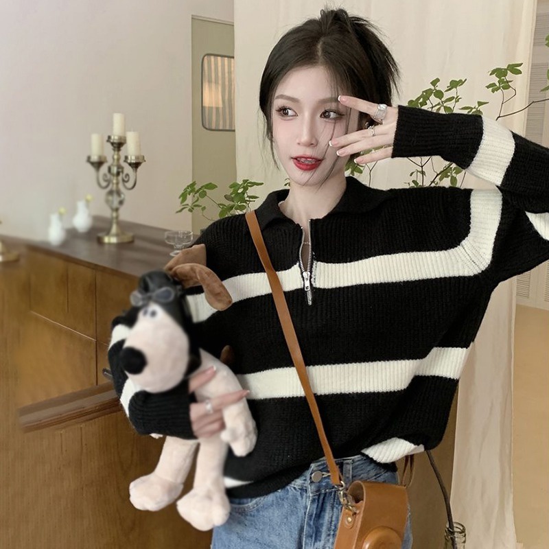 Áo Sweater Dệt Kim Tay Dài Dáng Rộng Cổ Tròn Kẻ Sọc Phối Khóa Kéo Kiểu Hàn Quốc Dễ Thương Cho Nữ