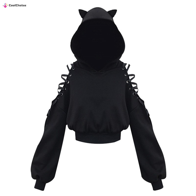 Áo Hoodie Màu Đen Dáng Rộng Phối Tai Mèo Dễ Thương Phong Cách Harajuku Cho Nữ