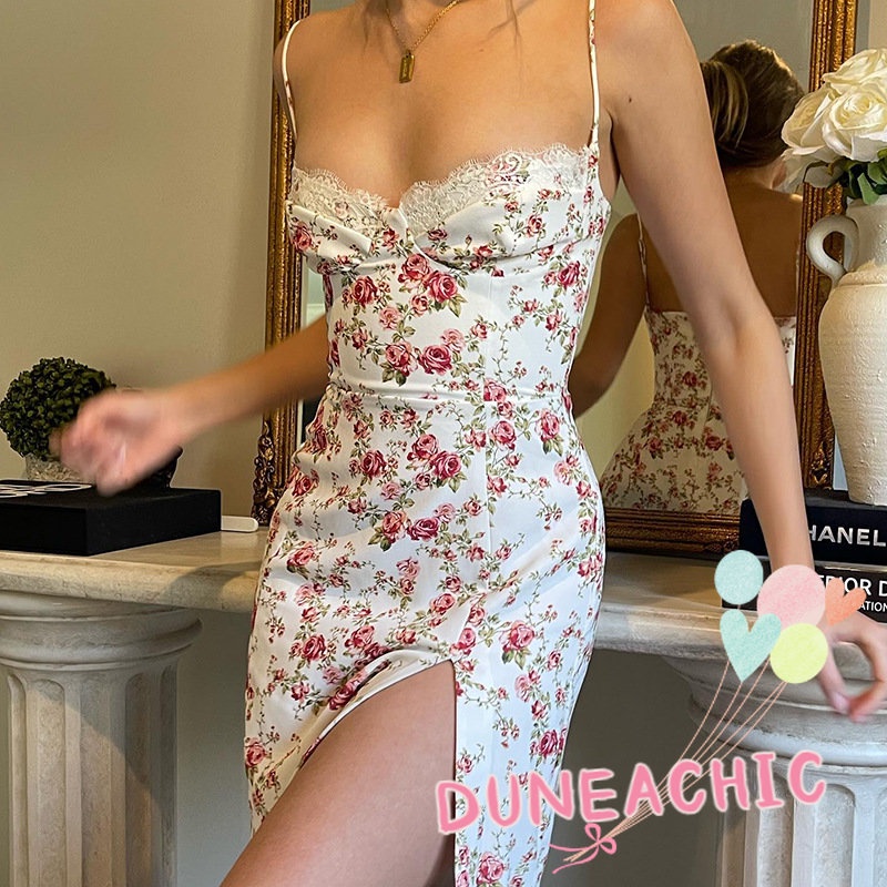 Đầm hai dây DUNEA Y0810 in hoa xẻ tà phong cách boho