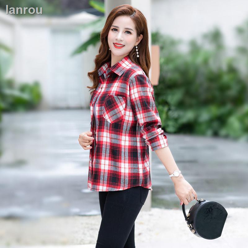 Đầm Sơ Mi Cotton Tay Dài Họa Tiết Sọc Caro Thời Trang Xuân Thu Cho Nữ Trung Niên