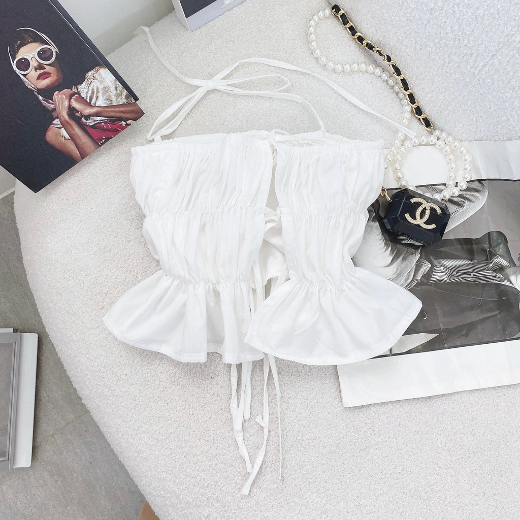 ÁO CROPTOP TRẮNG 2 DÂY XẾP LY