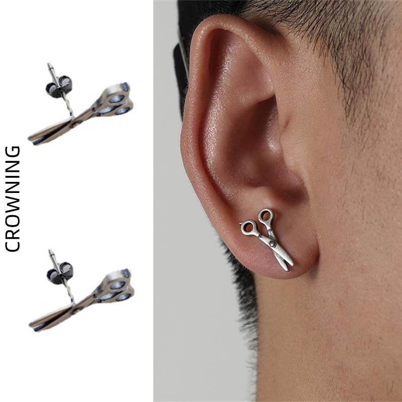 Khuyên tai bạc 925 dạng kẹp hình cây kéo phong cách punk cổ điển thời trang cho nam nữ