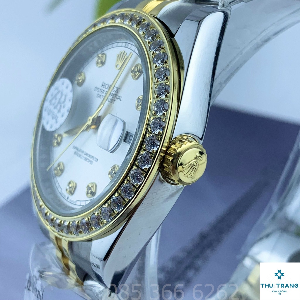 Đồng hồ nam Đồng hồ cơ Rolex dòng Automatic máy Nhật mặt trắng viền vàng đính đá dây demi size 40-41mm