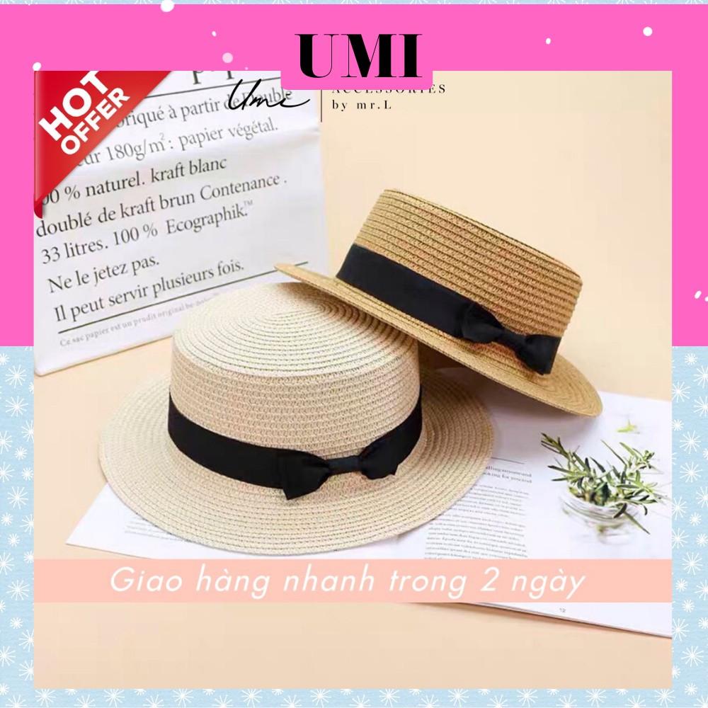 Mũ Cói Nữ Rộng Vành Phối Dây Nơ Nữ Tính Thanh Lịch UMI MC021