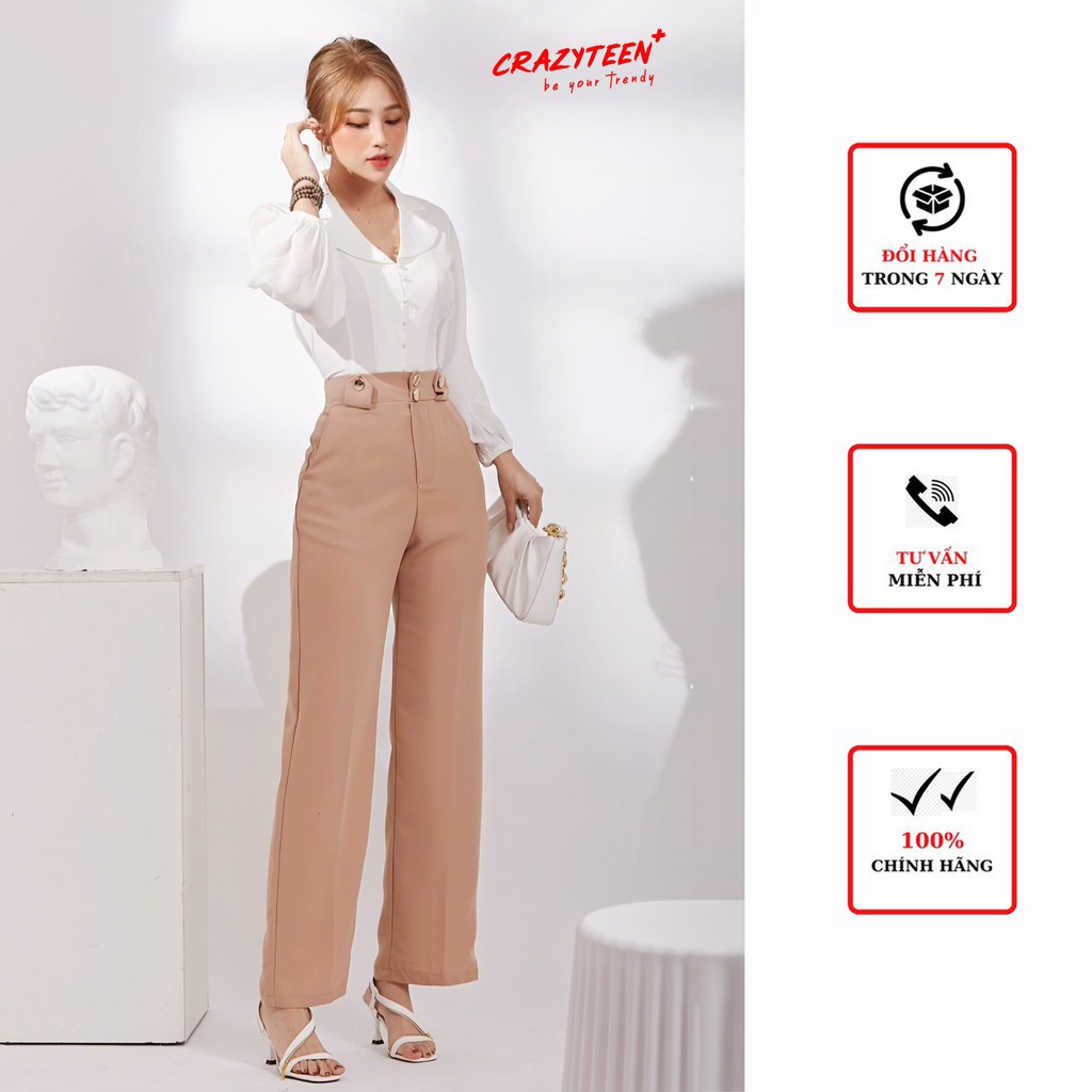 Quần ống suông nữ CRAZYTEEN phối nút sang trọng Q0002 | BigBuy360 - bigbuy360.vn