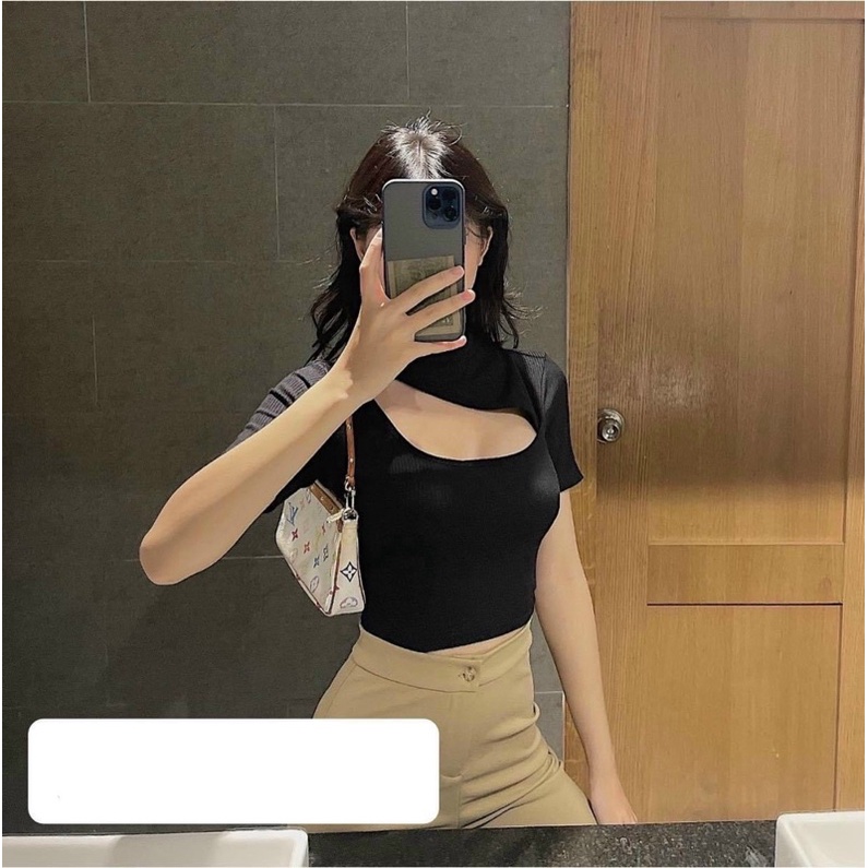 Áo croptop nữ kiểu khoét ngực tay ngắn, áo crt chéo cổ sexy