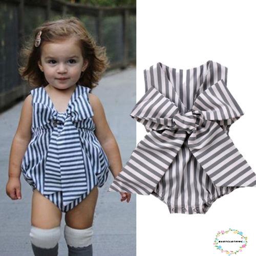 ღWSVღCute Newborn Baby Girl Bowknot Striped Romper Jumpsuit Clothes Summer Outfits 0-2T