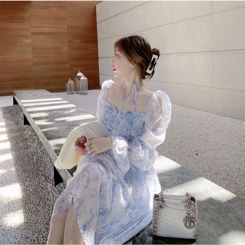 Đầm midi tùng xòe voan hoa xanh tay bồng NÀNG CLOSET