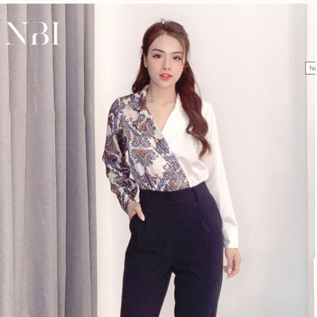 Áo kiểu nữ cổ vest Linbi thiết kế basic, màu trắng phối hoa văn độc đáo, trẻ trung liin clothing SM2889