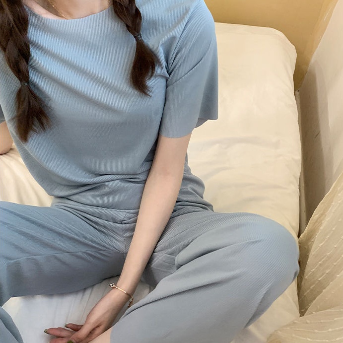 Bộ Đồ Ngủ Tay Ngắn Dáng Rộng Vải Lụa Lạnh Mềm Màu Trơn Thoải Mái Phong Cách Hàn Quốc | BigBuy360 - bigbuy360.vn