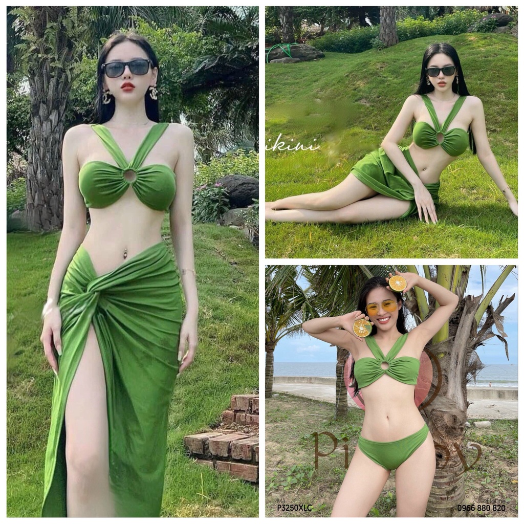 Set 3 bikini Hồ Ngọc Hà xanh cốm hottrend kèm áo váy choàng khoác ngoài SET08