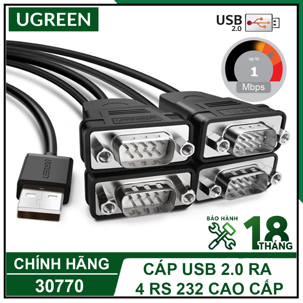 Cổng Chuyển USB 2.0 to 4 cổng Com RS232 Ugreen 30770 - Hàng chính hãng BH 18 tháng
