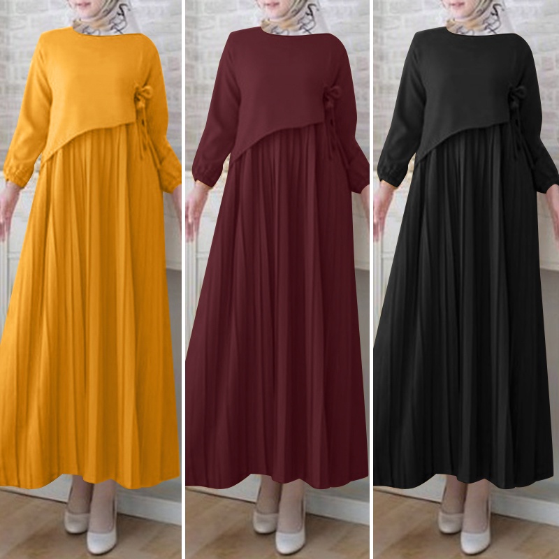 Đầm ZANZEA dáng chữ A cổ tròn xếp ly hai lớp eo thắt dây màu trơn cho phụ nữ phong cách Hồi Giáo