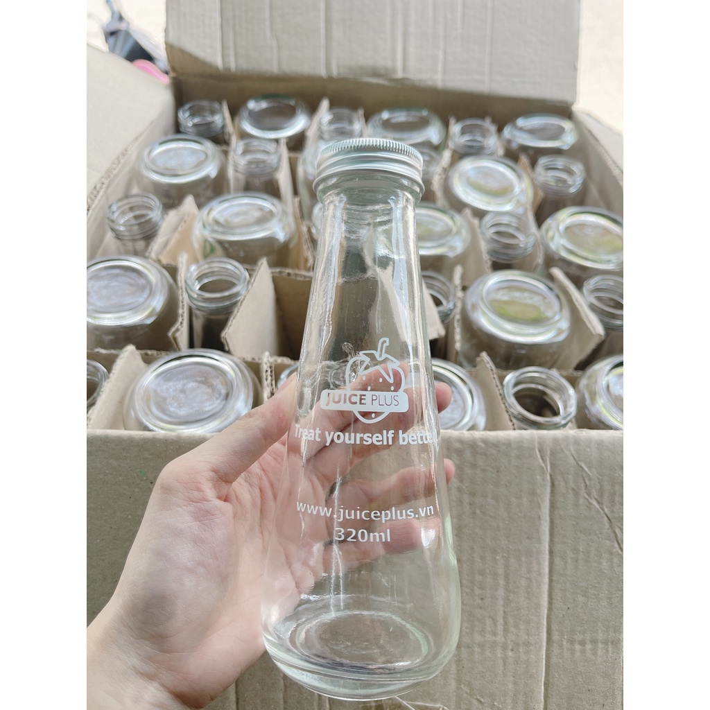 Chai thủy tinh Chai đựng nước ép Chai đựng sữa hạt an toàn 320ml Juice Plus kèm nắp nhôm không rỉ Made in Vietnam