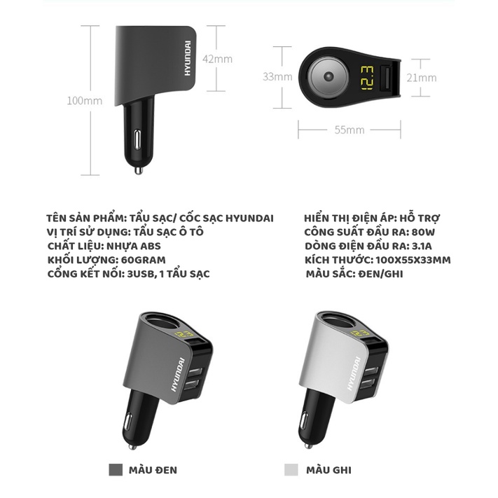 Tẩu sạc ô tô Hyundai, cốc sạc USB nhanh qualcom 3.0 Hyundai HY-10