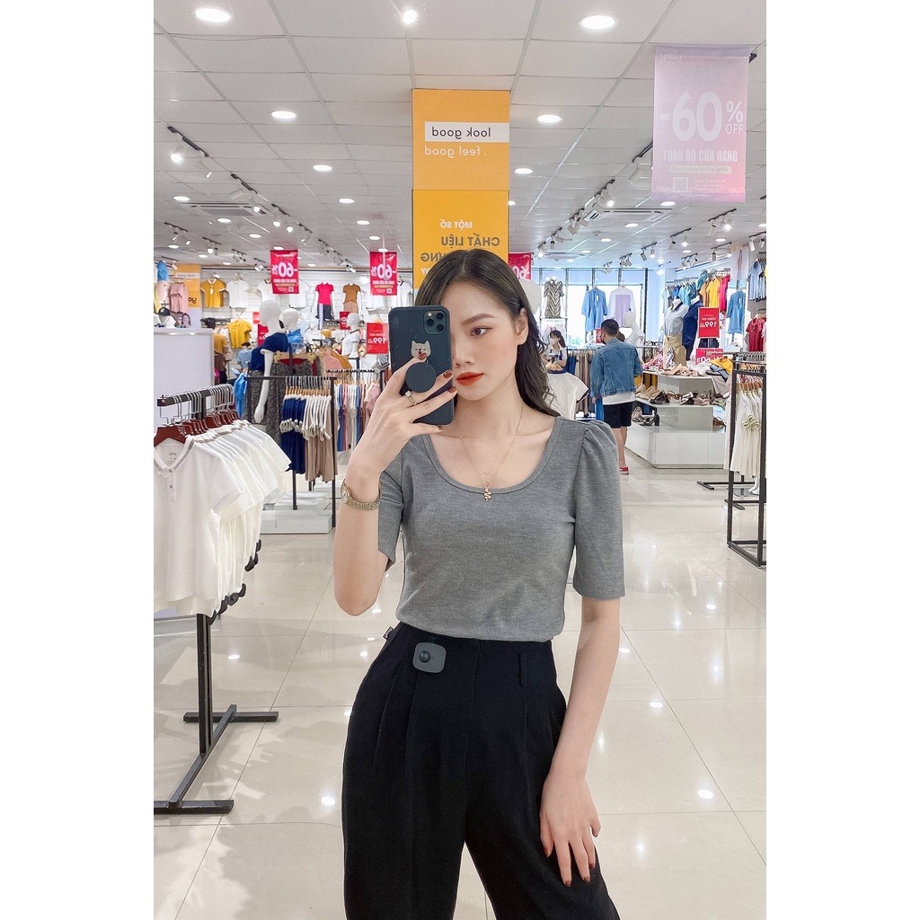 Áo Thun Nữ YODY Cổ Vuông Tay Bồng Dáng Ôm Cao Cấp ATN4350
