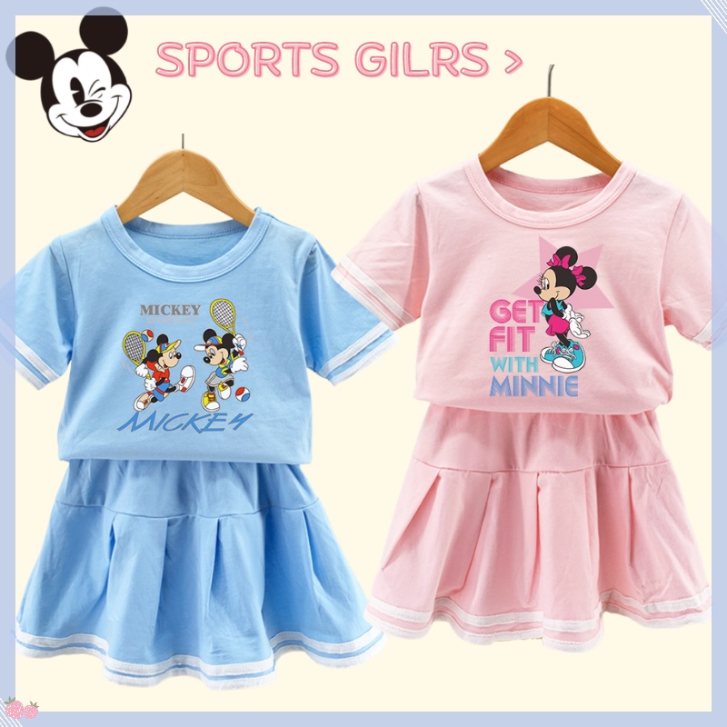 Bộ 2 Món Áo Thun 100% Cotton + Chân Váy Xếp Ly Họa Tiết Chuột Mickey Minnie Dễ Thương Cho Bé Gái 2022