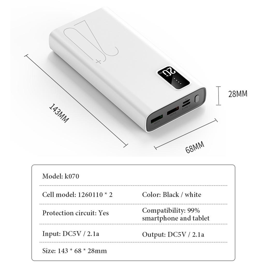 Pin dự phòng Delabo 100% chính hãng đầu ra kép công suất thực sạc nhanh màn hình kỹ thuật số 20000mah