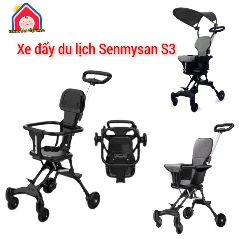 (Trọn bộ)Xe đẩy Senmysan gập gọn 2 chiều có mái che +đệm +dây đai+ bánh xe khóa an toàn cho bé