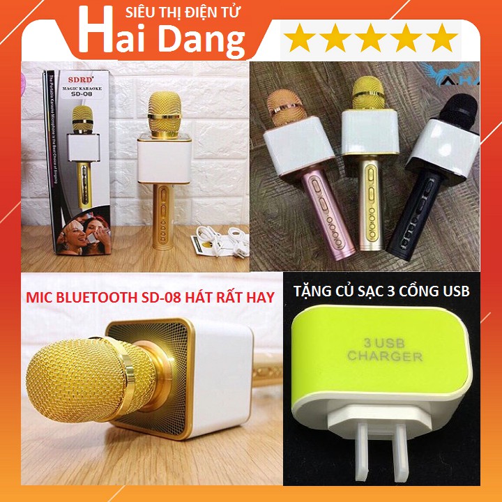 Mic Hát Karaoke, Micro Bluetooth SD08 Tặng Củ Sạc 3 Cổng Sạc USB -Mic Hát Karaoke  Kèm Loa Bluetooth Âm Thanh To Trầm Ấm