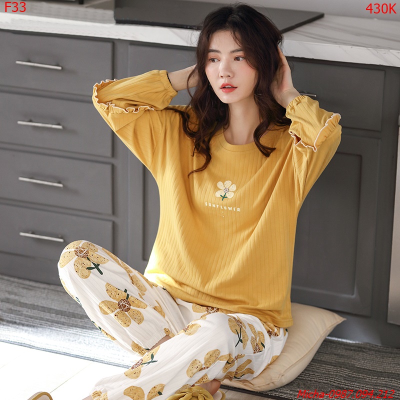 Bộ dài tay thun gân áo vàng quần hoa trắng - Micha F33