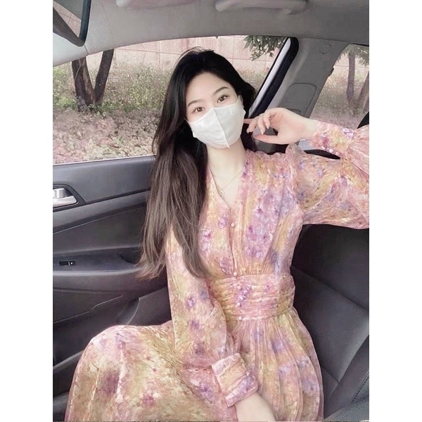 Jumpsuit/jump/đầm váy voan hoa tay dài đính nút ngọc, thời trang hot girl tiểu thư công chúa đi chơi dạo phố dự tiệc