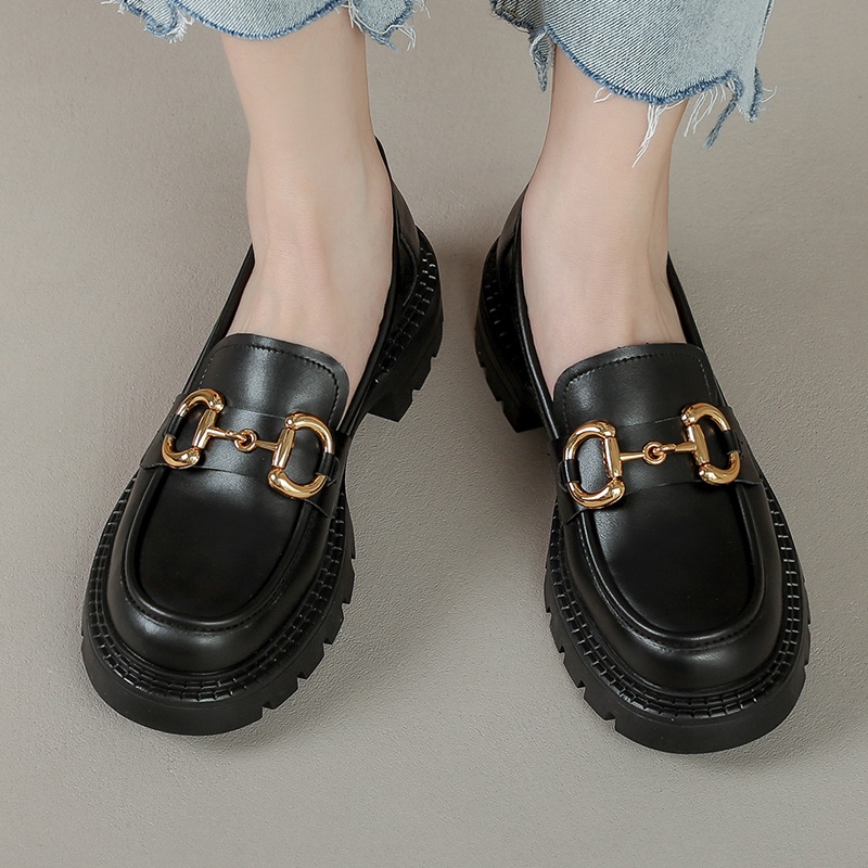 Giày Lười Da Bóng Mũi Tròn Đế Bằng 4cm Phong Cách retro Anh Quốc Thời Trang