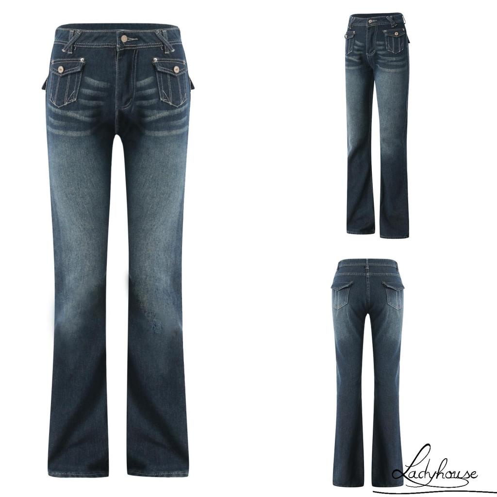 Quần Jeans Denim Lưng Cao Ống Rộng Có Túi Phong Cách Hip Hop Cho Nữ