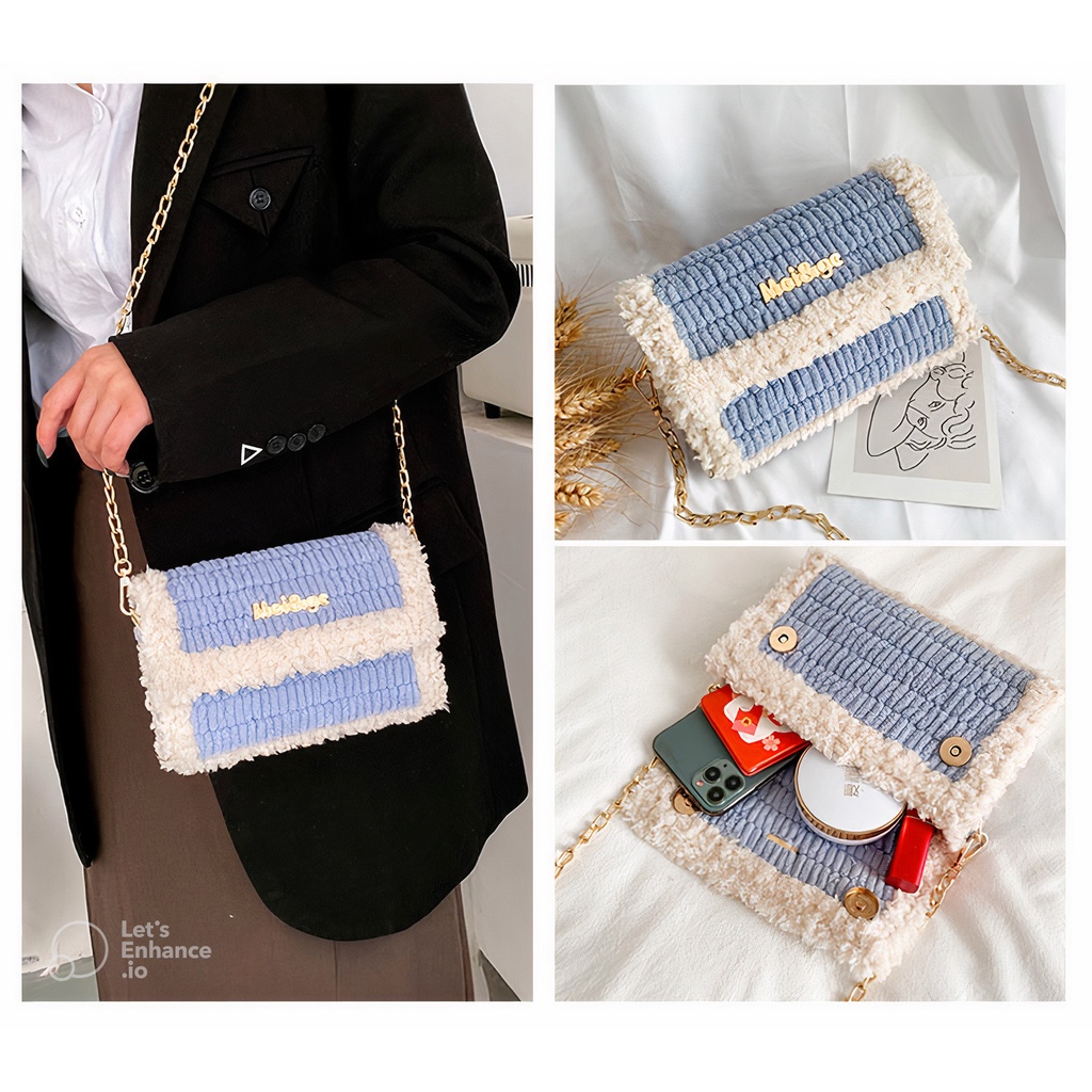 [Có video hướng dẫn] Túi len tự đan phối màu, túi đeo chéo Mei&amp;ge len xù - Bộ phụ kiện đầy đủ LX105