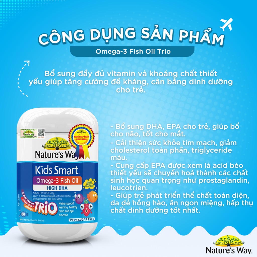 Viên Uống Dầu Cá Giúp Bổ Sung DHA Phát Triển Trí Tuệ Cho Bé Nature's Way Omega-3 Fish Oil Trio - 60 Viên