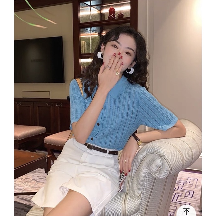 Áo len nữ dệt kim ngắn tay cổ polo cổ điển Doris phong cách Hàn Quốc màu vàng, xanh dương | BigBuy360 - bigbuy360.vn