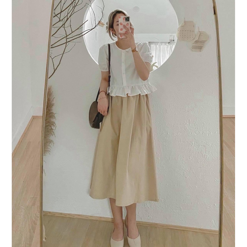 Chân Váy Suông Kaki Màu Be - Đầm chữ A dáng dài qua gối cạp chun lưng cao thiết kế tiểu thư, bánh bèo Ulzzang | BigBuy360 - bigbuy360.vn