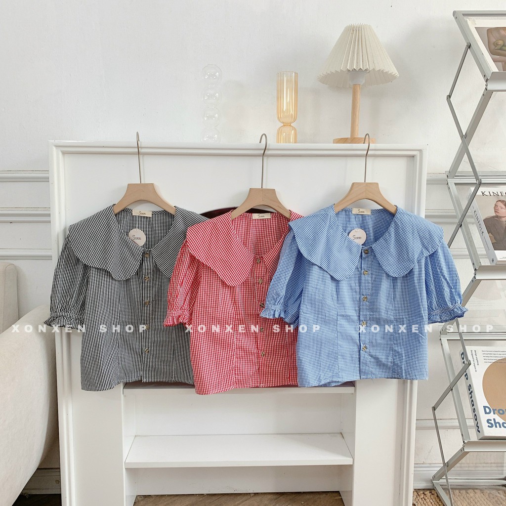 Áo kiểu caro cổ bèo chất vải mềm mịn lên form chuẩn Xonxen shop free size 76