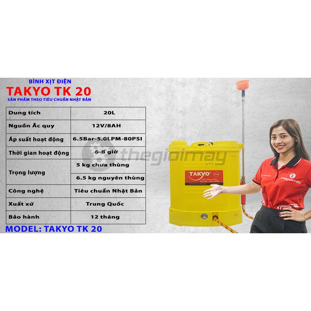 Bình xịt điện 20 lít TAKYO- 20 lít (12v-8ah), Thời gian sử dụng sau khi sạc đầy: 6-8 giờ