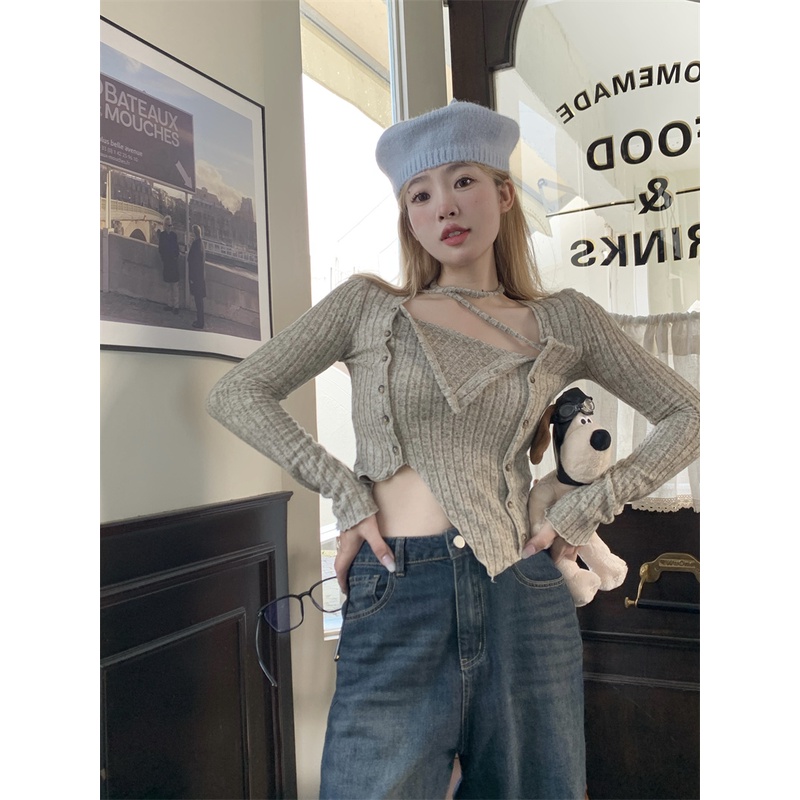 QKOOLE  Korean women's clothing Fashion solid color croptop knit long sleeve top