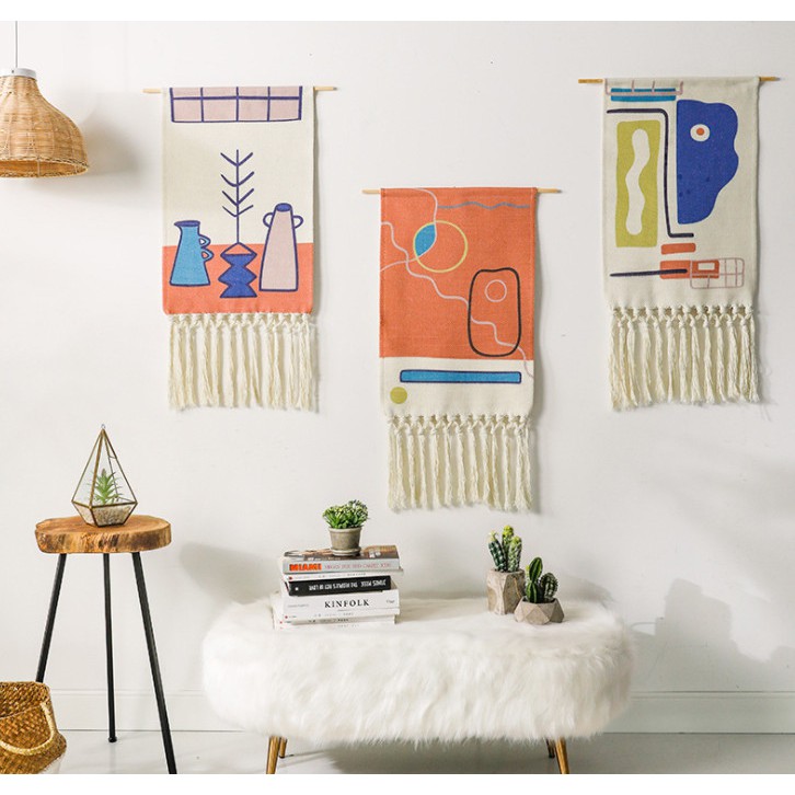 Tranh vải vintage trang trí tường nhiều họa tiết tặng kèm (thanh gỗ,dây treo,đinh tàng hình)kích thước 50x70cm